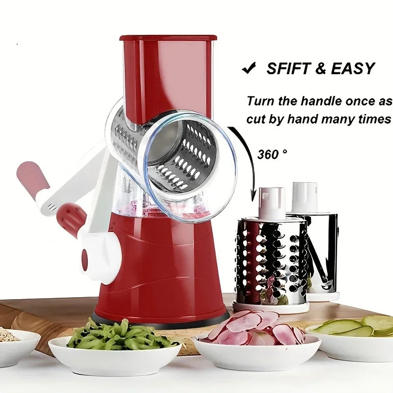 3-in-1 Vegetable Cutter & Slicer Manual Kitchen Cheese Chopper Machine with 3 Sharp Drums