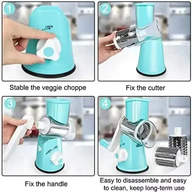 3-in-1 Vegetable Cutter & Slicer Manual Kitchen Cheese Chopper Machine with 3 Sharp Drums