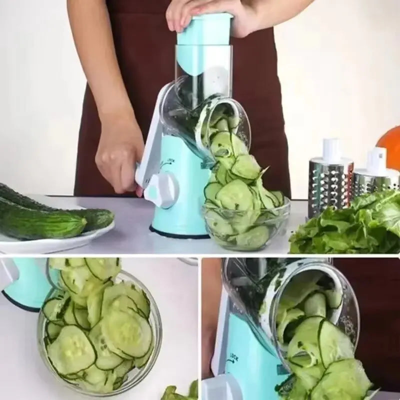 3-in-1 Vegetable Cutter & Slicer Manual Kitchen Cheese Chopper Machine with 3 Sharp Drums